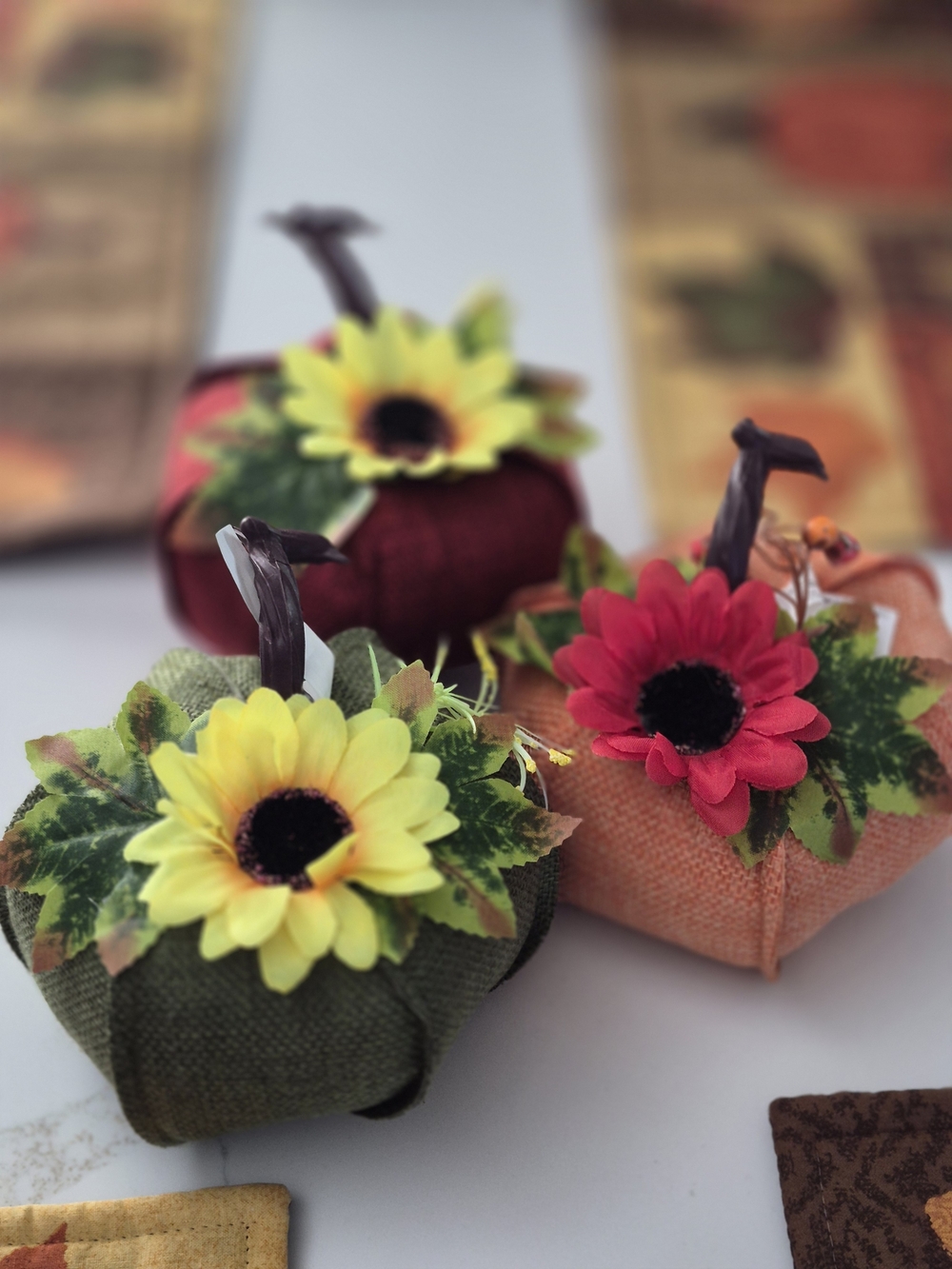 Set of 3 Harvest Fabric Pumpkin Decor with Sunflowers